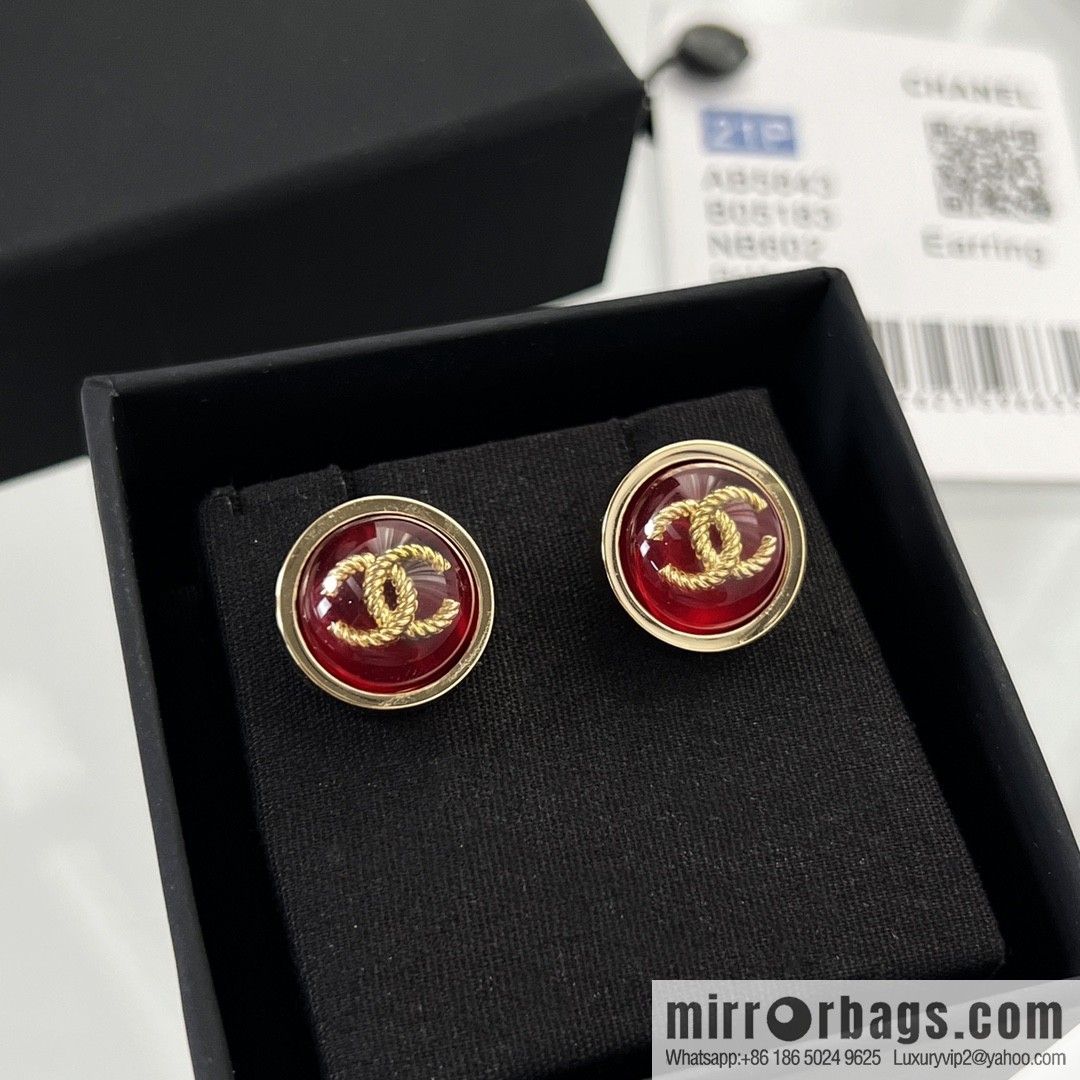 New ☑️ CHANEL Chanel double c round red stud earrings