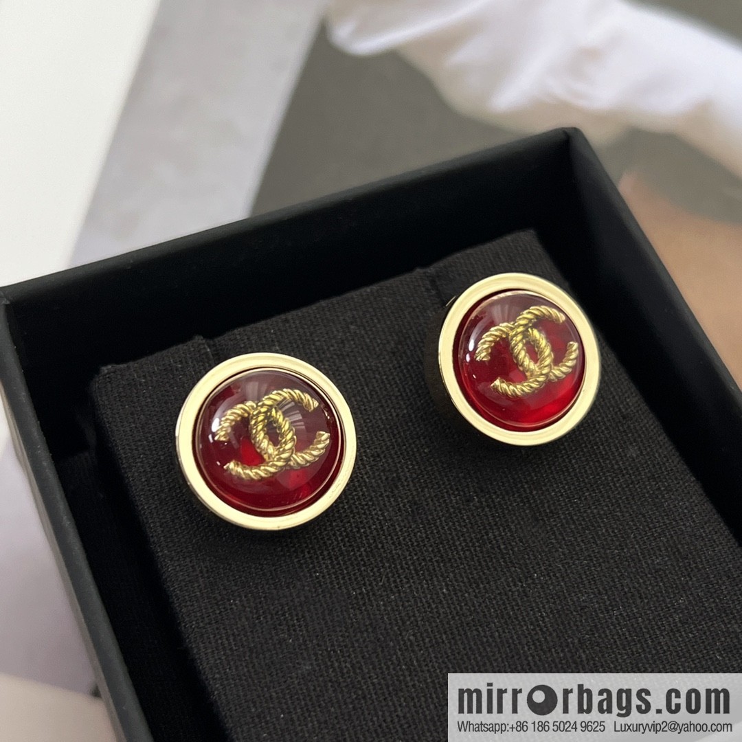 New ☑️ CHANEL Chanel double c round red stud earrings
