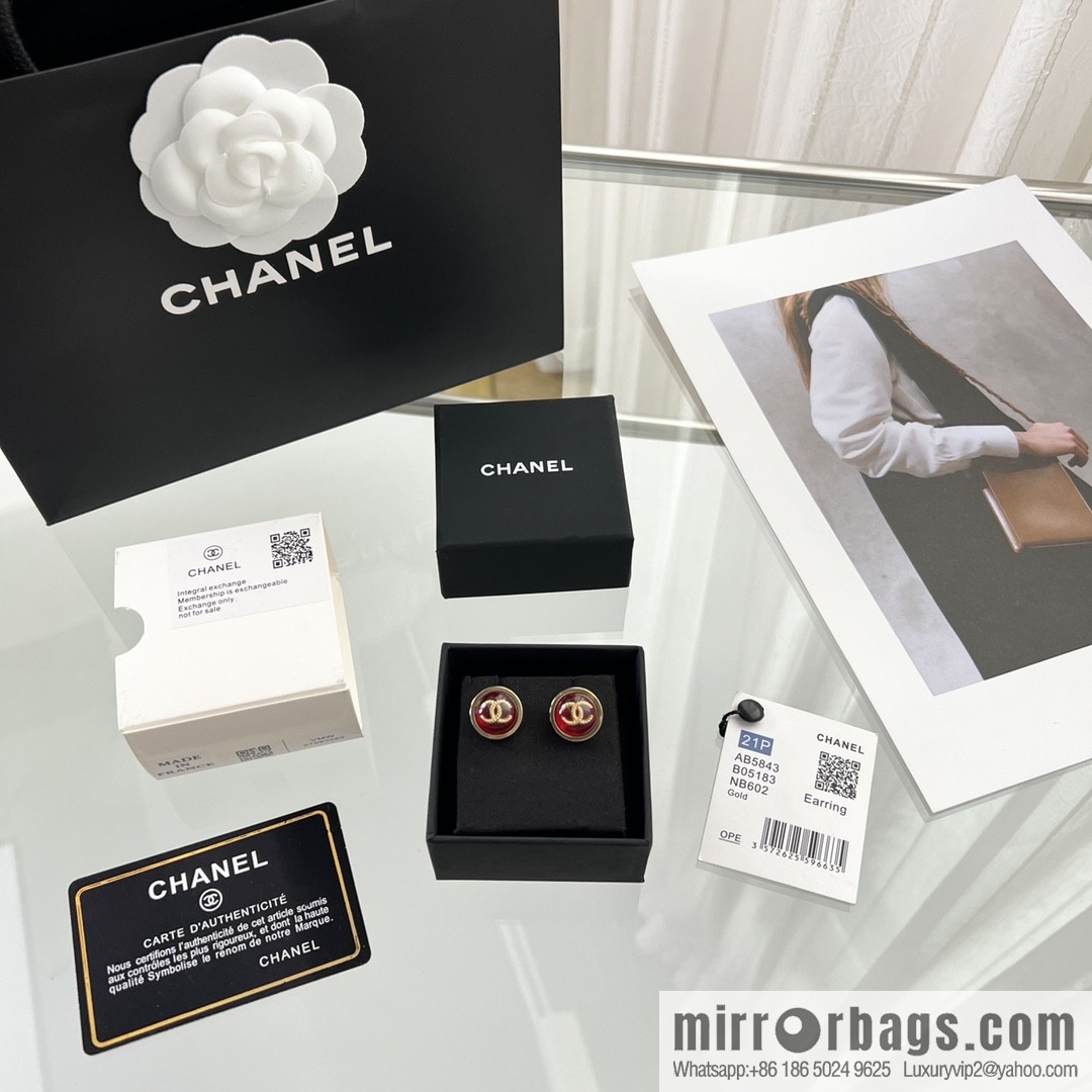 New ☑️ CHANEL Chanel double c round red stud earrings