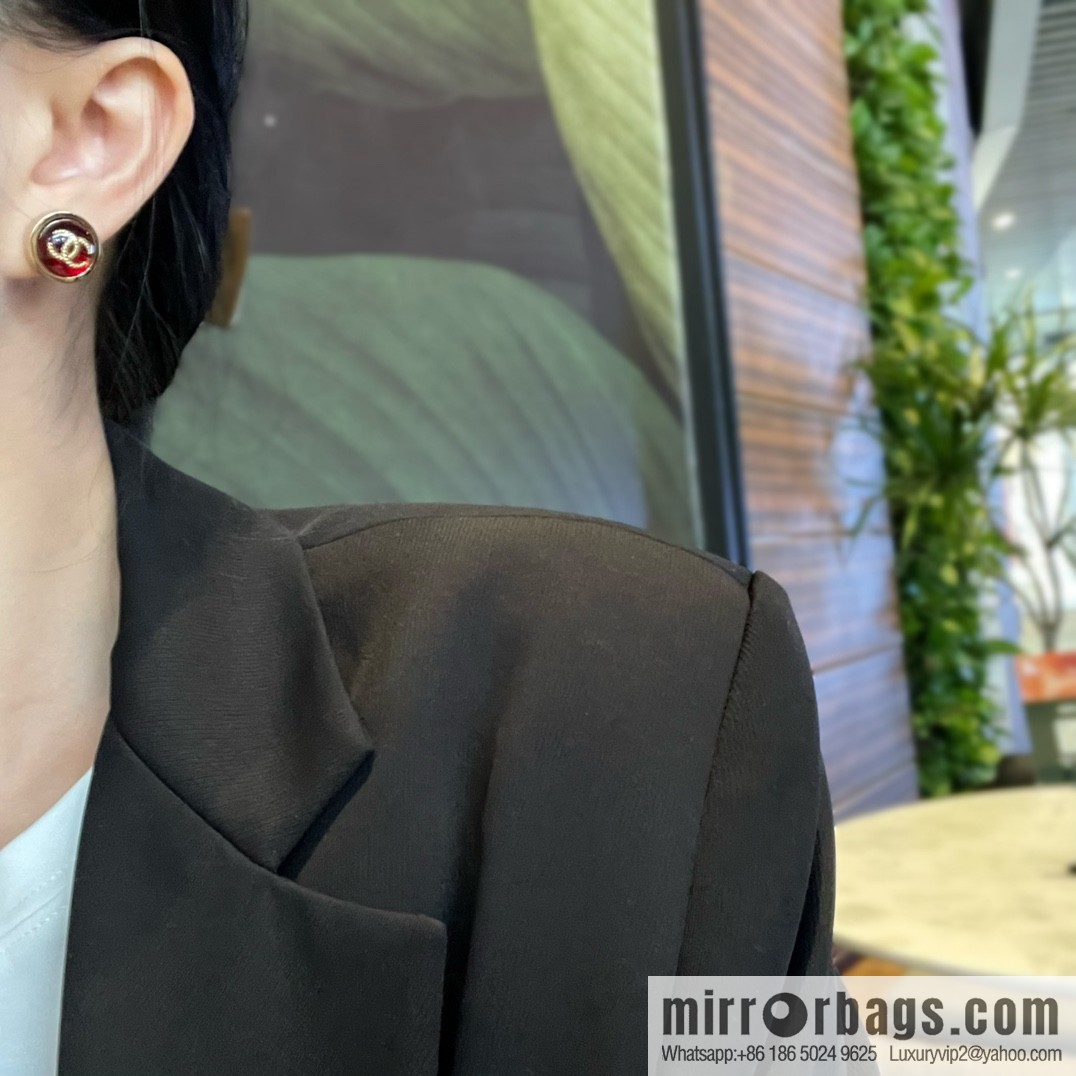 New ☑️ CHANEL Chanel double c round red stud earrings