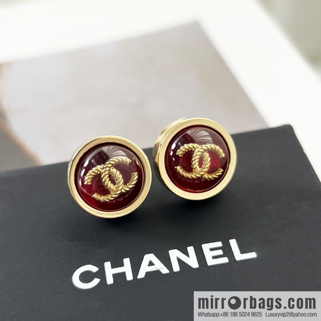 New ☑️ CHANEL Chanel double c round red stud earrings