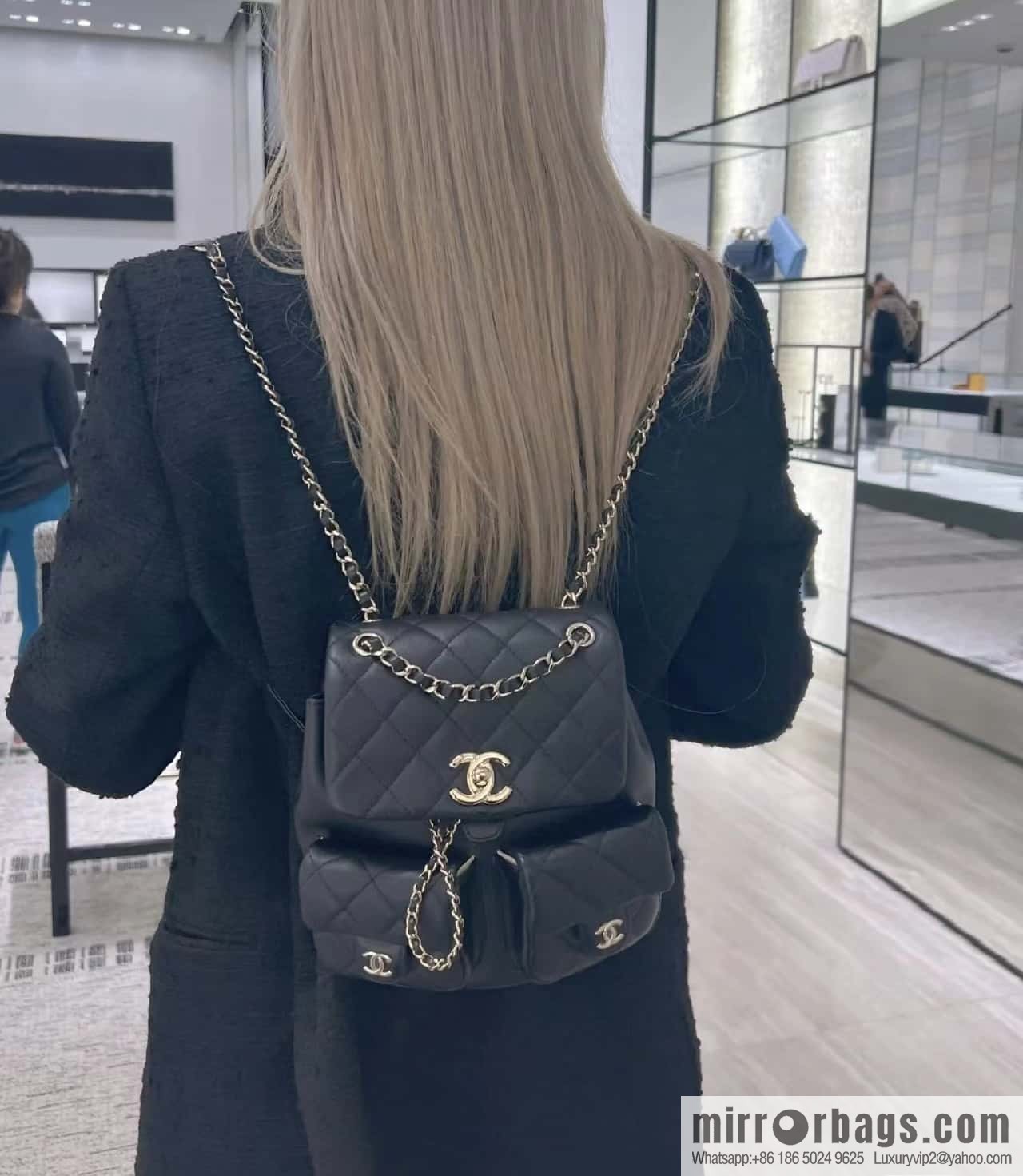 CHANEL 23P super hot frog double backpack AS3860 plain weave black