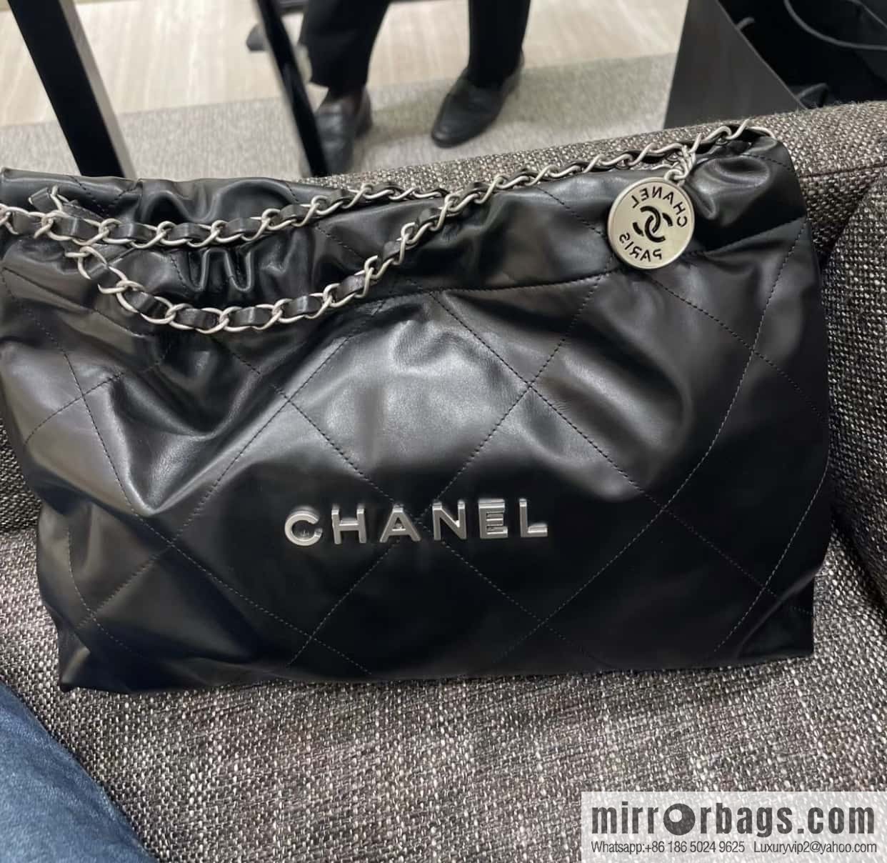 CHANEL 24C horizontal 22 handbag AS4486 black silver buckle