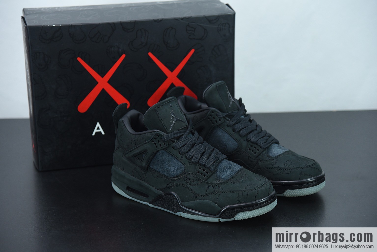 KAWS x Air Jordan 4 Black AJ4 black suede limited joint name, luminous crystal middle help men's sneakers 930155-001