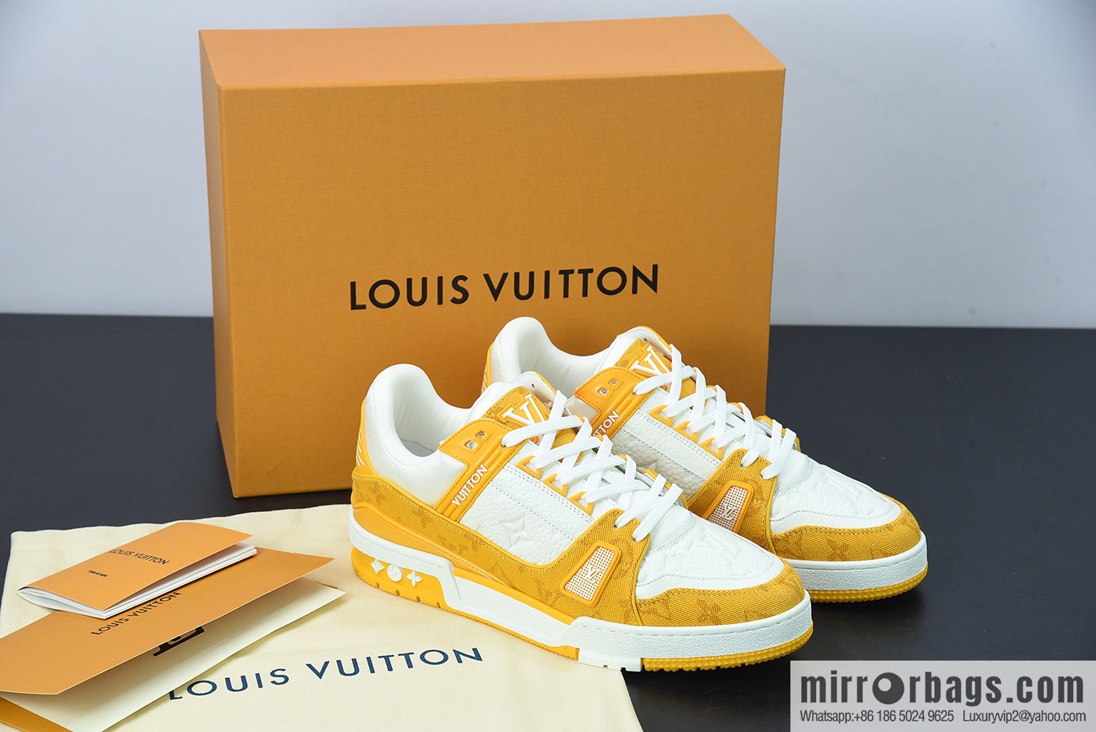 0D5G7 top pure original Louis Vuitton /LV donkey brand 2021Trainer series/board shoes, denim yellow white yellow denim