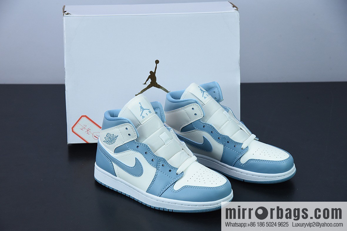 Air Jordan 1 Mid UNC AJ1 North Carolina blue, white and blue, medium help women's basketball shoes item number: BQ6472-141