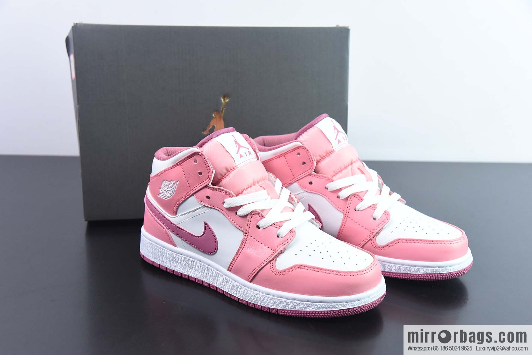 Air Jordan 1 Mid GS AJ1 women's, pink and white, medium help casual basketball shoes, item number: DQ8423-616