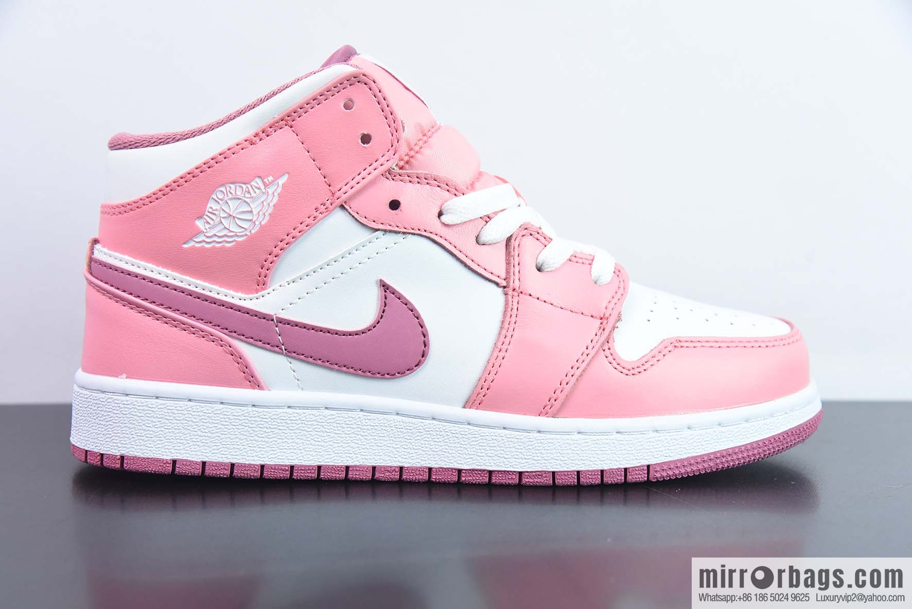 Air Jordan 1 Mid GS AJ1 women's, pink and white, medium help casual basketball shoes, item number: DQ8423-616