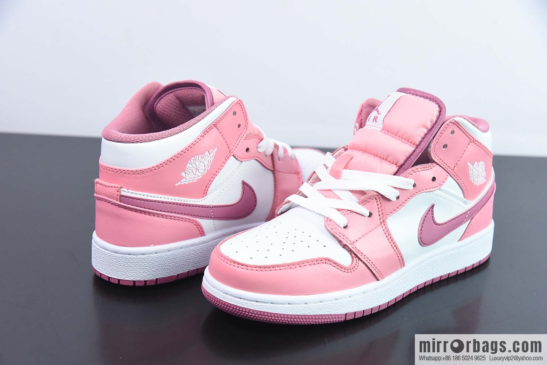 Air Jordan 1 Mid GS AJ1 women's, pink and white, medium help casual basketball shoes, item number: DQ8423-616