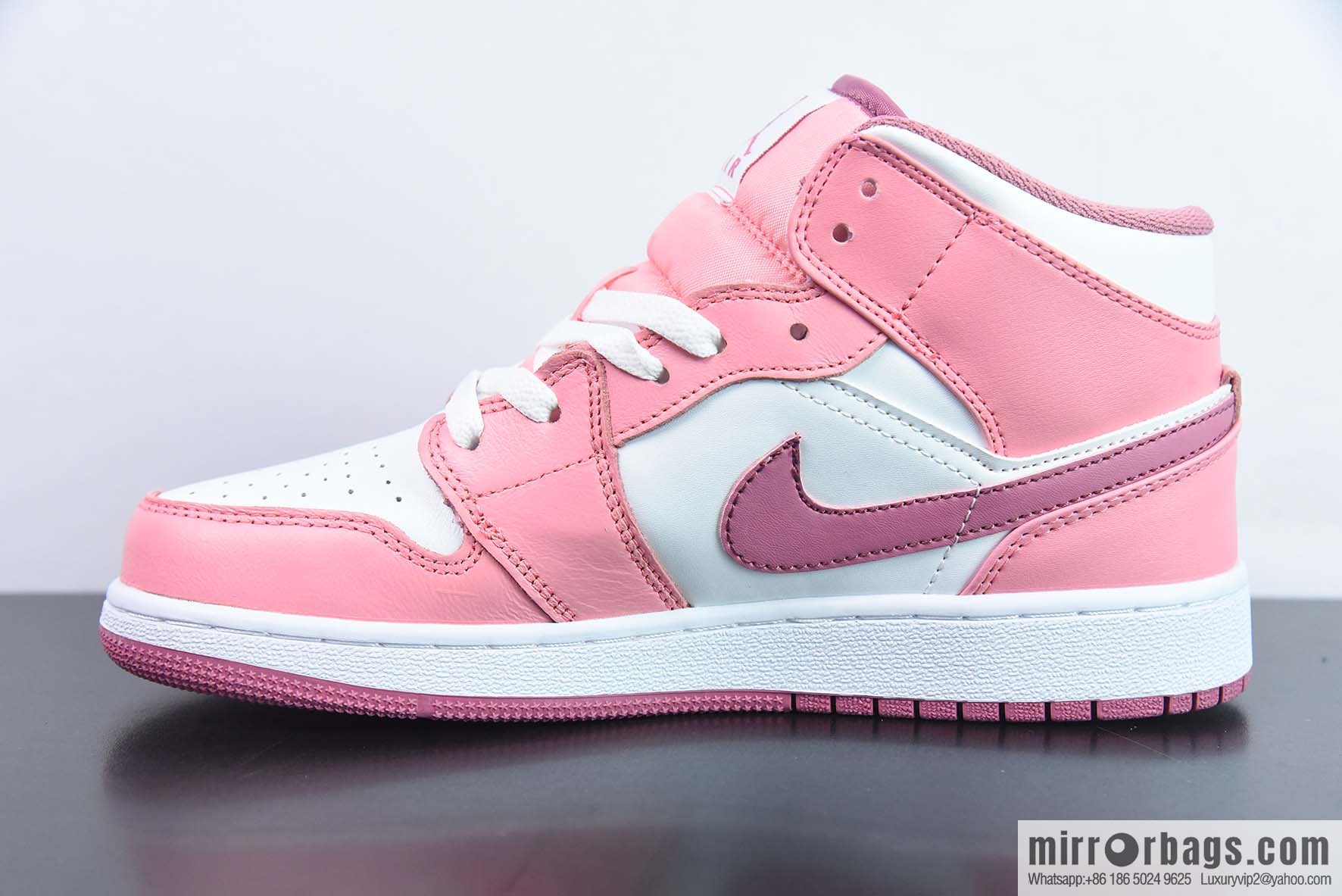 Air Jordan 1 Mid GS AJ1 women's, pink and white, medium help casual basketball shoes, item number: DQ8423-616