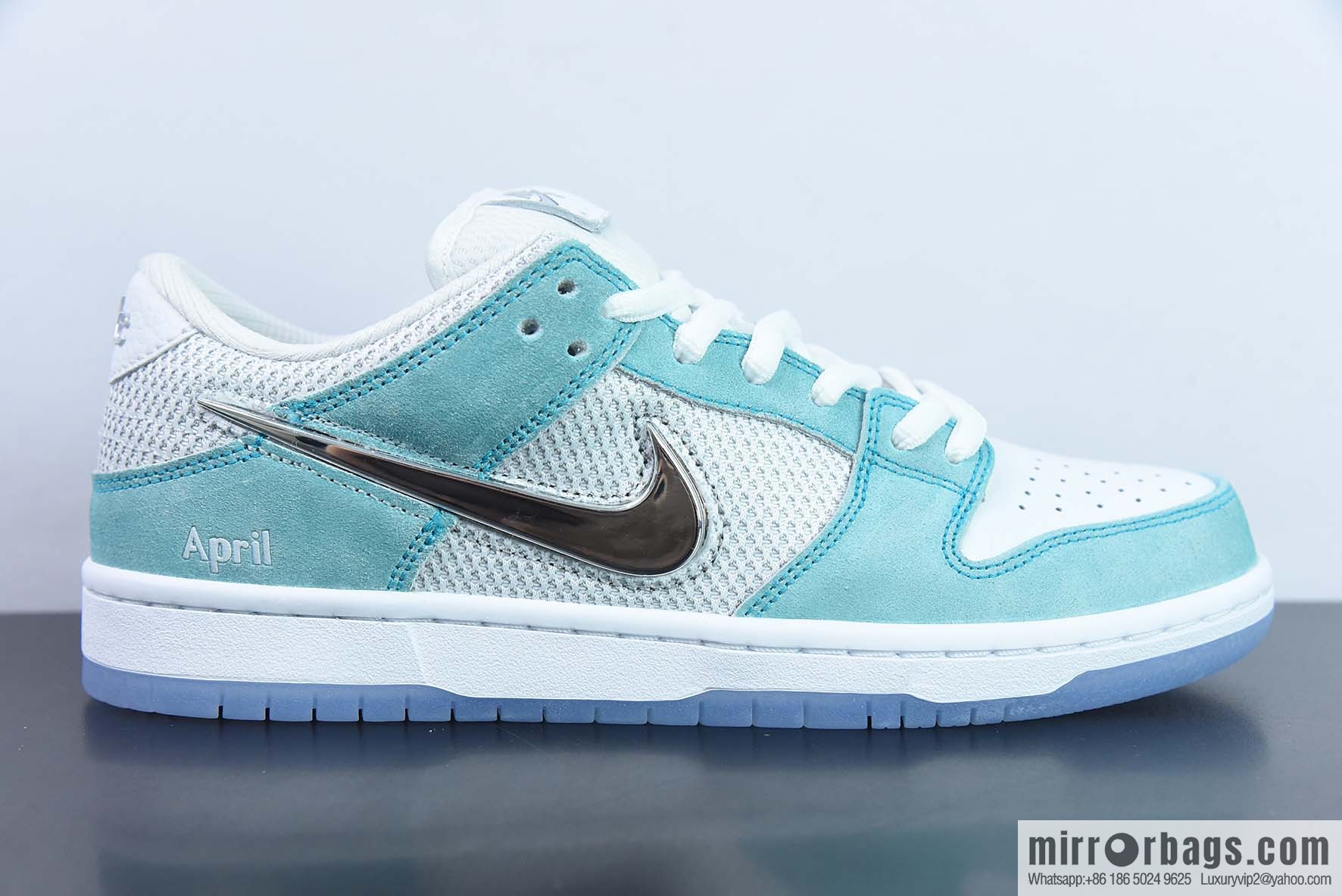 April Skateboards x Nike SB Dunk Low Frozen Rose Sneakers Ice Blue Part Number: FD2562-400
