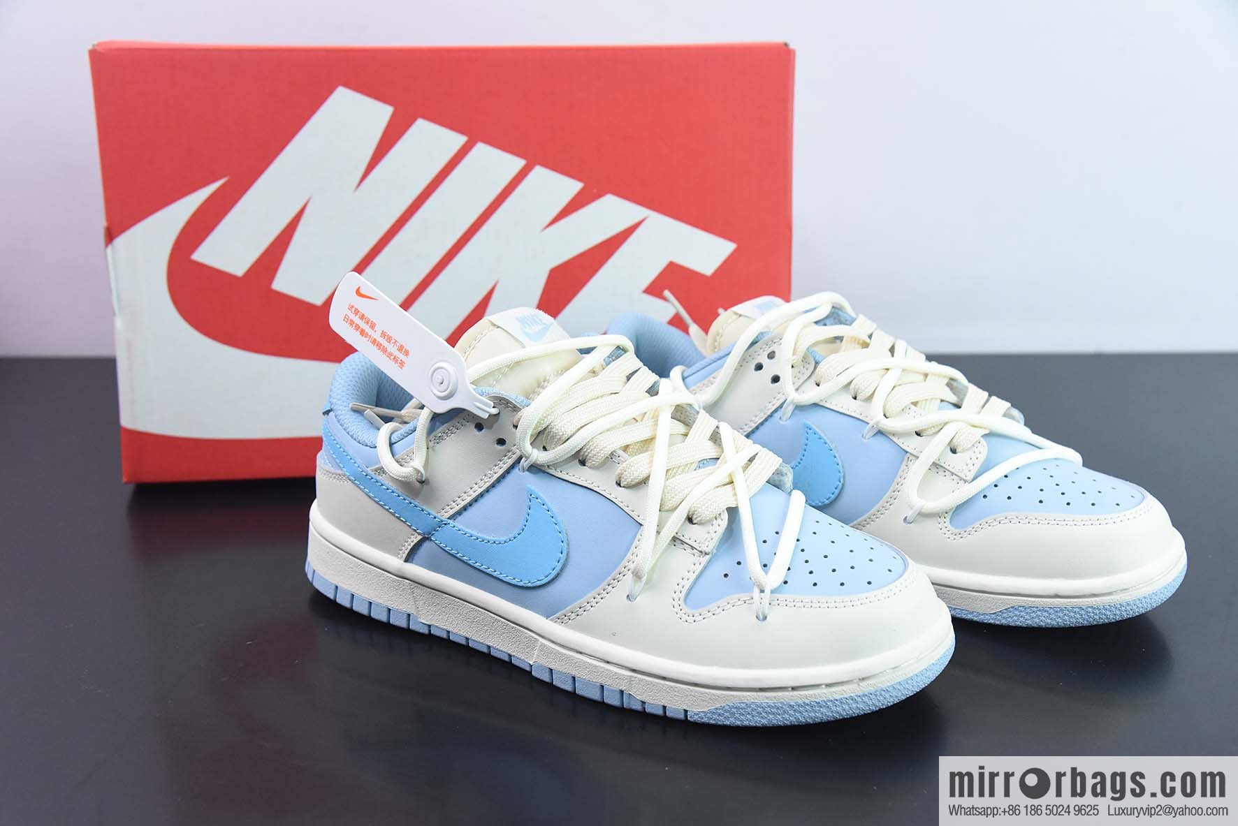 Nike Dunk Low SB low-top skate shoes/milk white and blue, straps, customized version