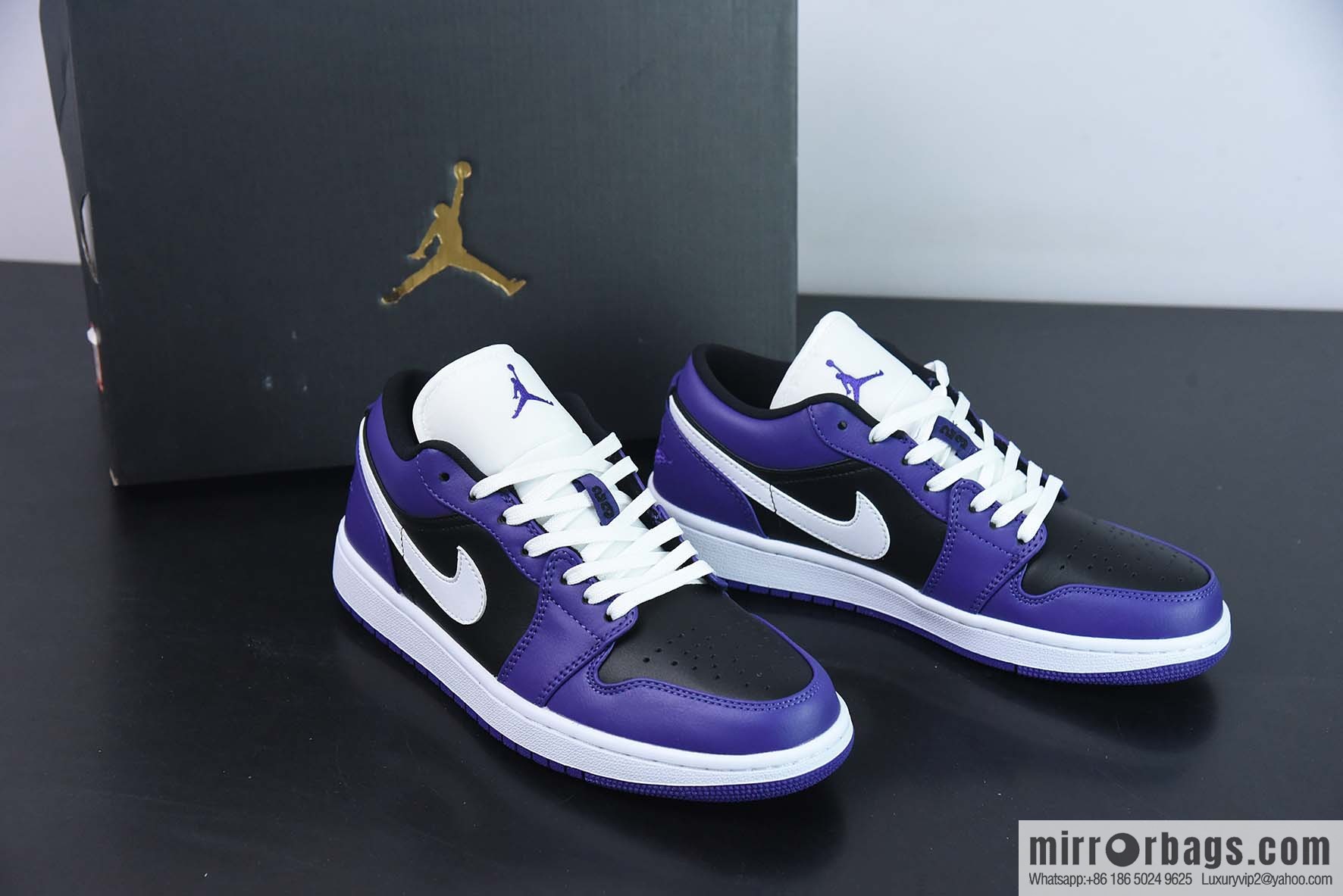 Air Jordan AJ1 Low Top, White Hook, Black Purple Toes, Item No. 553558-501