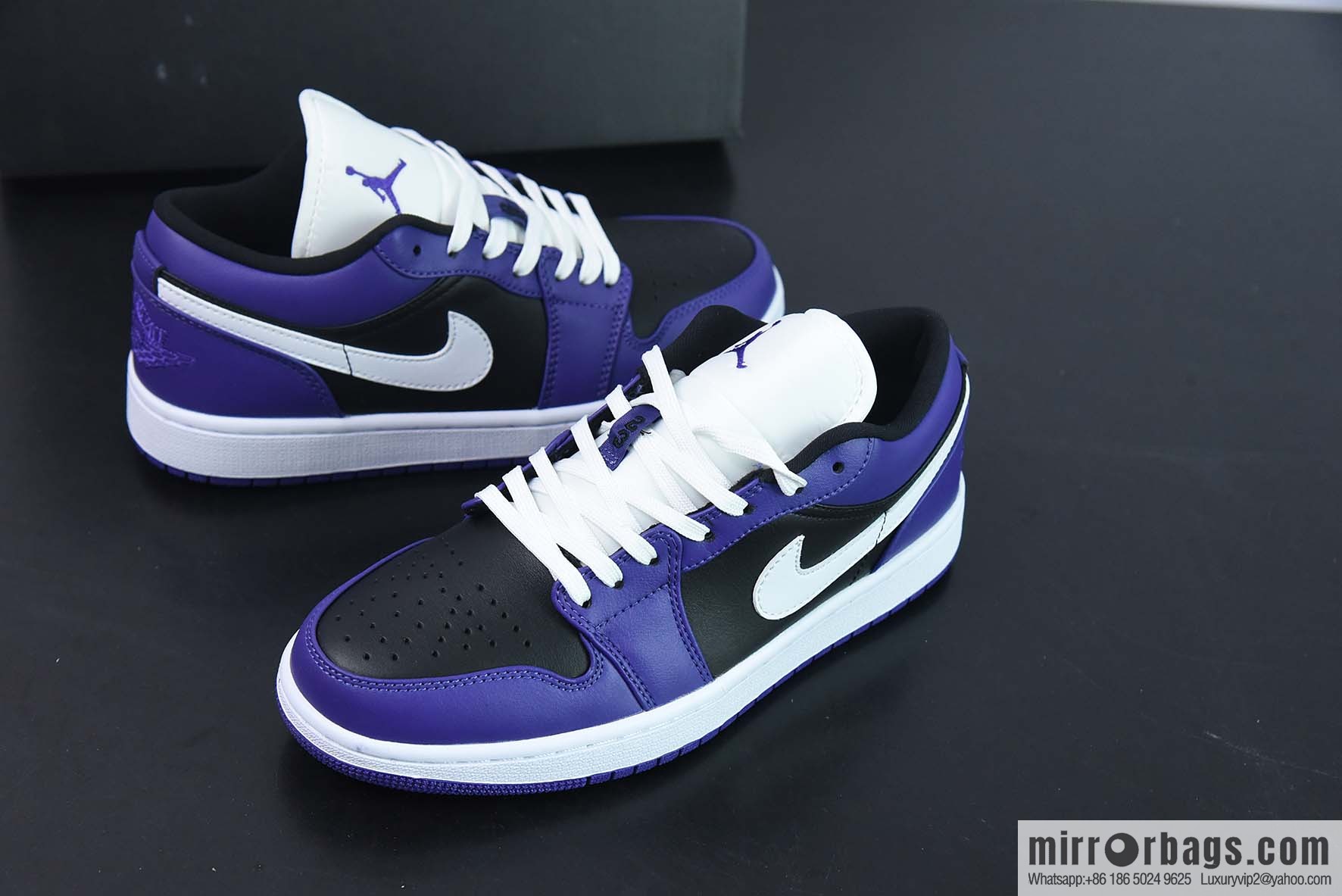 Air Jordan AJ1 Low Top, White Hook, Black Purple Toes, Item No. 553558-501