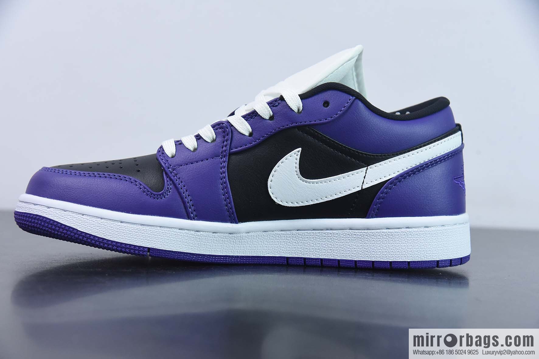 Air Jordan AJ1 Low Top, White Hook, Black Purple Toes, Item No. 553558-501