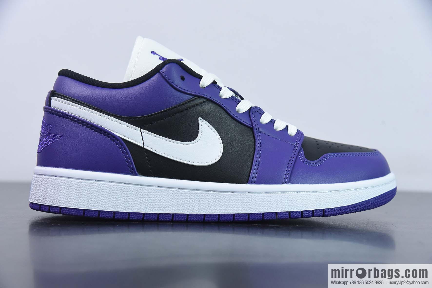 Air Jordan AJ1 Low Top, White Hook, Black Purple Toes, Item No. 553558-501
