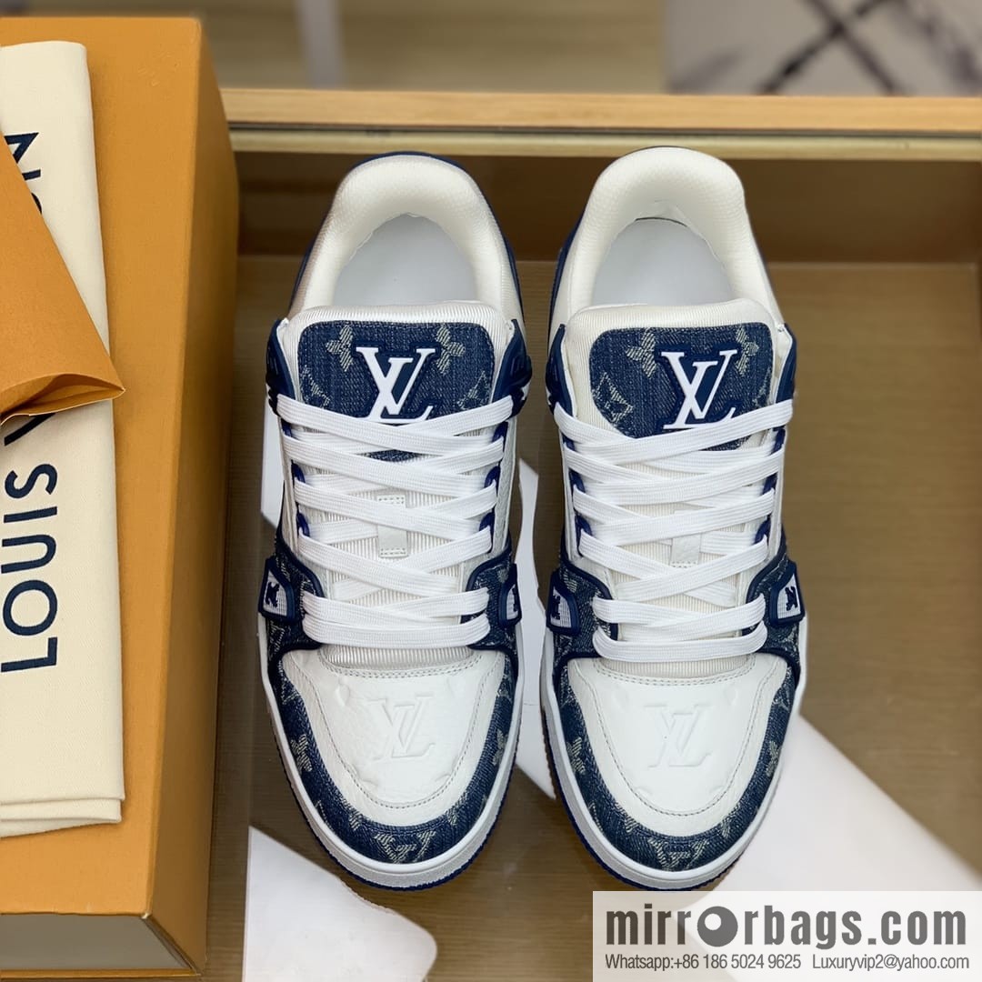 LV/Louis Vuitton His & Hers running shoes with black denim patchwork and white leather