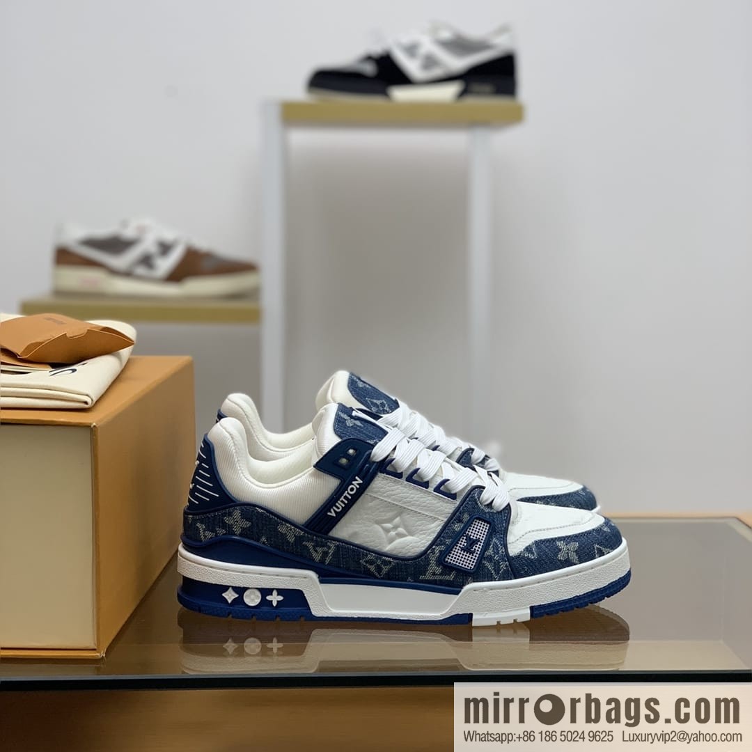 LV/Louis Vuitton His & Hers running shoes with black denim patchwork and white leather