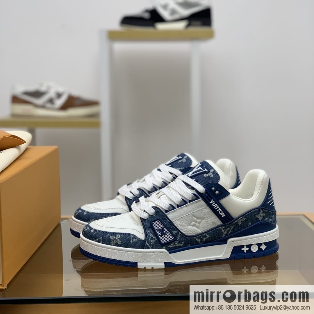 LV/Louis Vuitton His & Hers running shoes with black denim patchwork and white leather