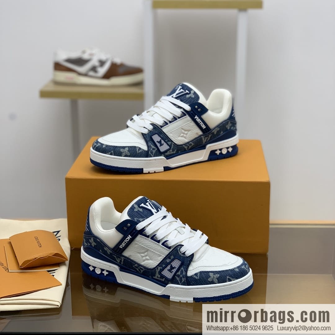 LV/Louis Vuitton His & Hers running shoes with black denim patchwork and white leather