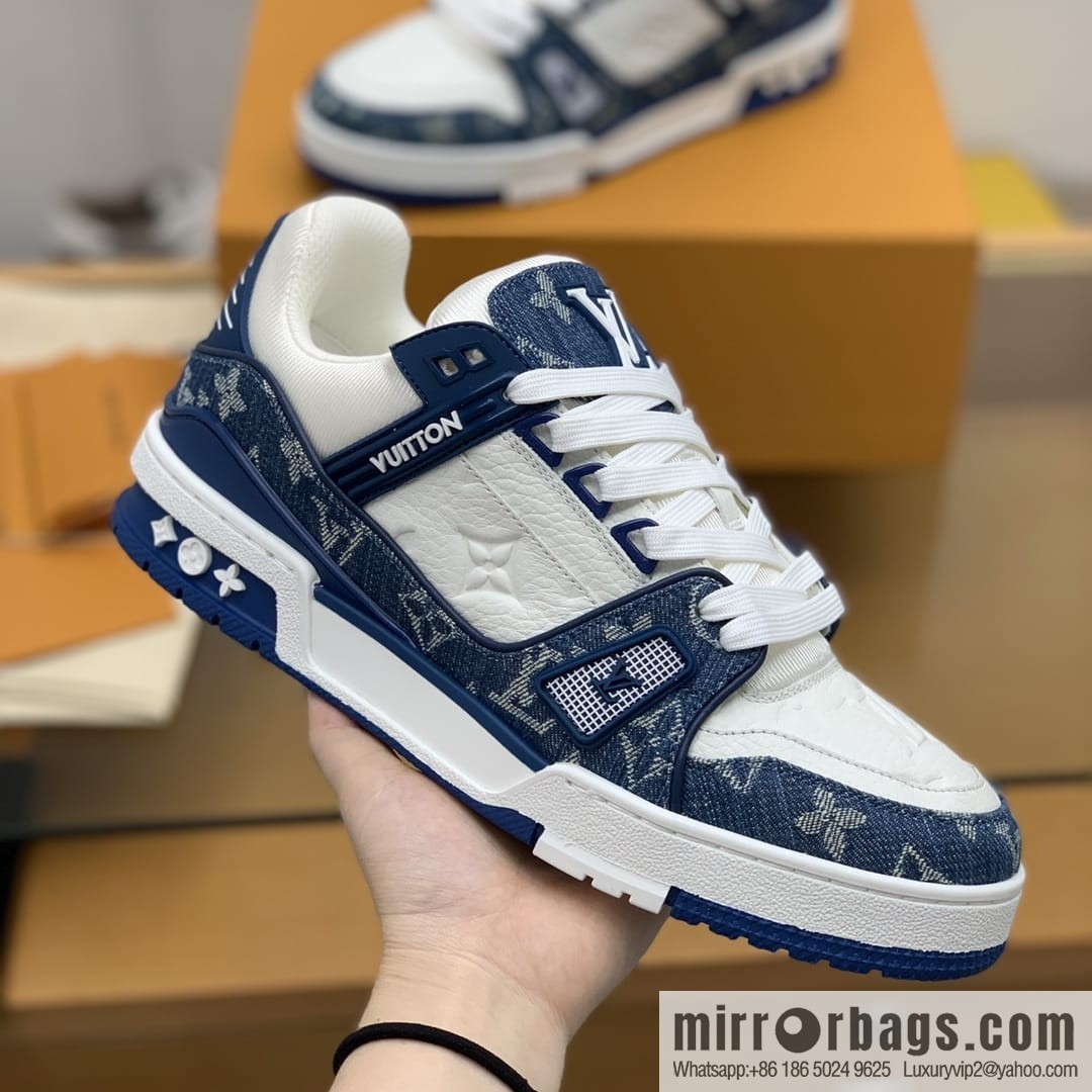 LV/Louis Vuitton His & Hers running shoes with black denim patchwork and white leather