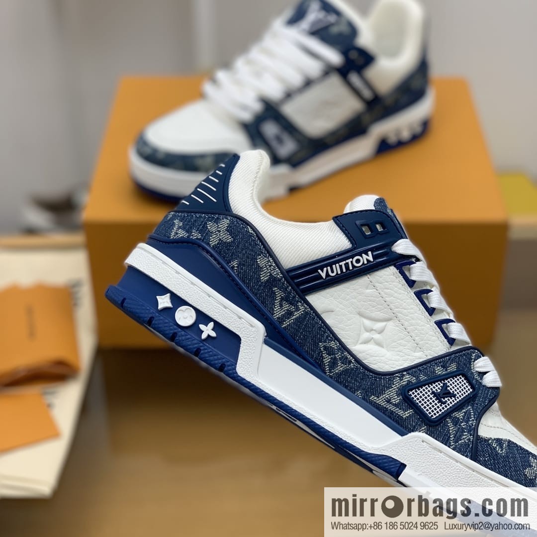 LV/Louis Vuitton His & Hers running shoes with black denim patchwork and white leather
