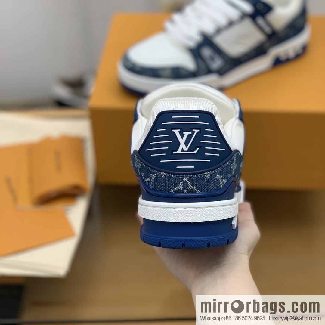 LV/Louis Vuitton His & Hers running shoes with black denim patchwork and white leather