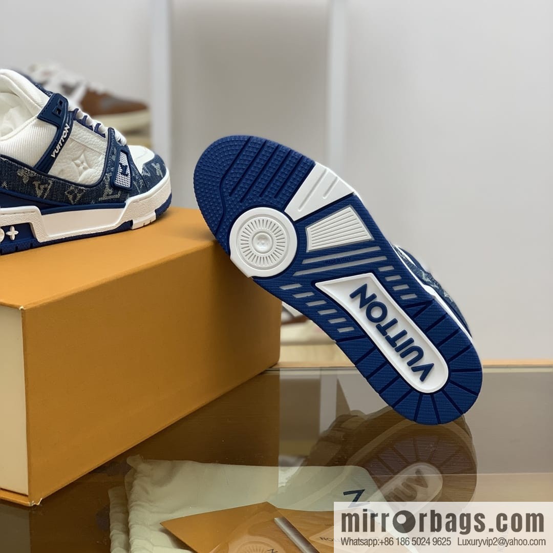 LV/Louis Vuitton His & Hers running shoes with black denim patchwork and white leather