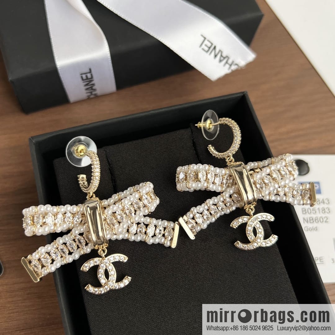 New ☑️ CHANEL Chanel c3 double c bow pearl stud earrings