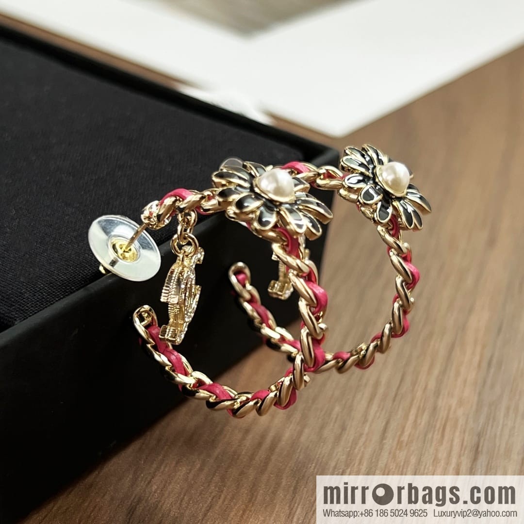 New ☑️ CHANEL Chanel double c semi-round red leather rope stud earrings