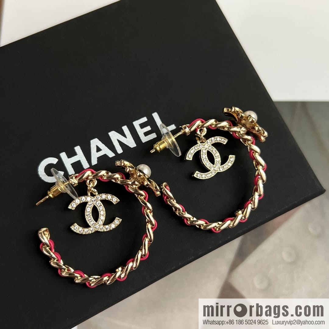 New ☑️ CHANEL Chanel double c semi-round red leather rope stud earrings