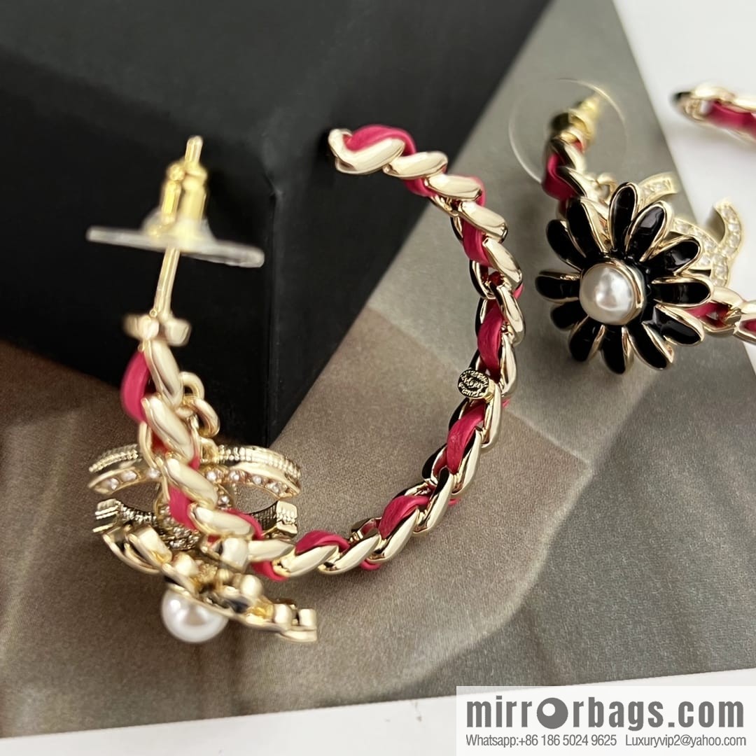 New ☑️ CHANEL Chanel double c semi-round red leather rope stud earrings