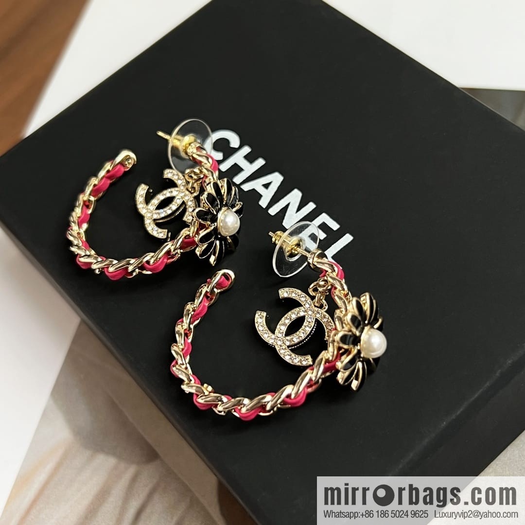 New ☑️ CHANEL Chanel double c semi-round red leather rope stud earrings