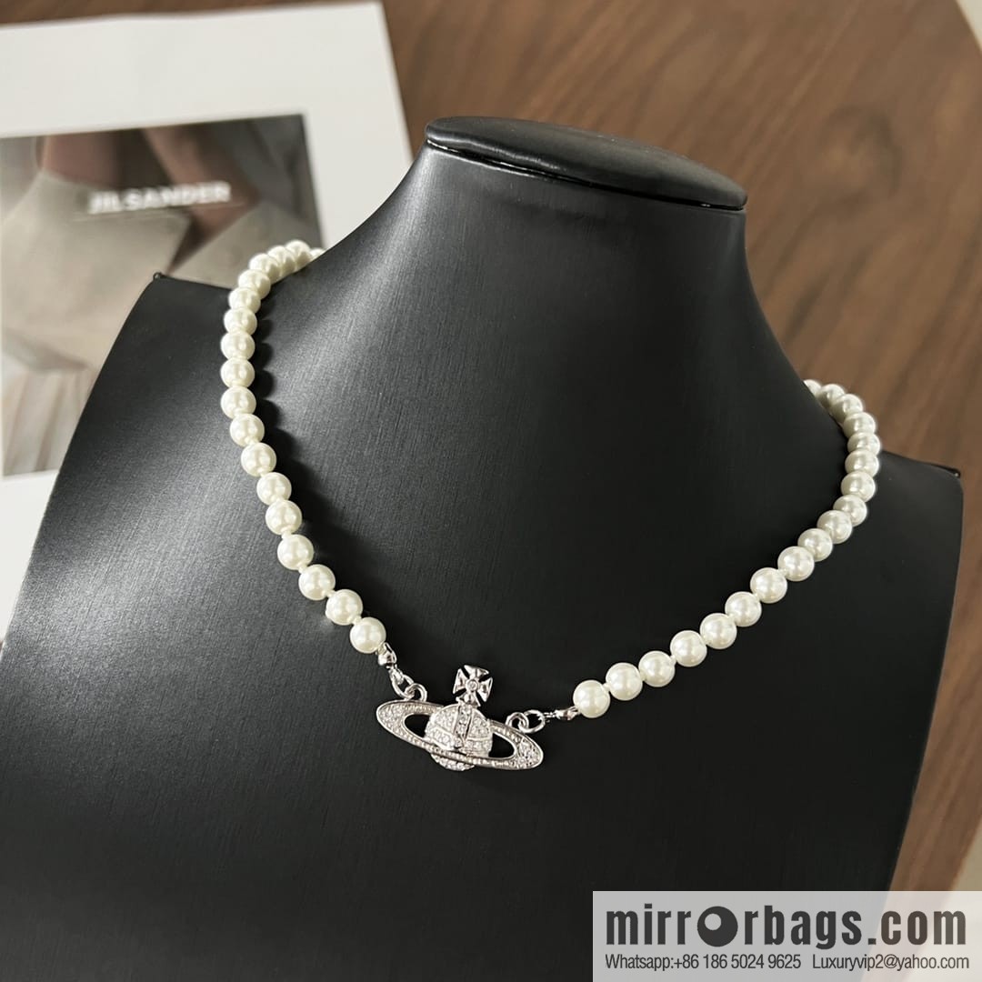 New ☑️ Vivienne Westwood Queen Mother Full Diamond Saturn Pearl Necklace