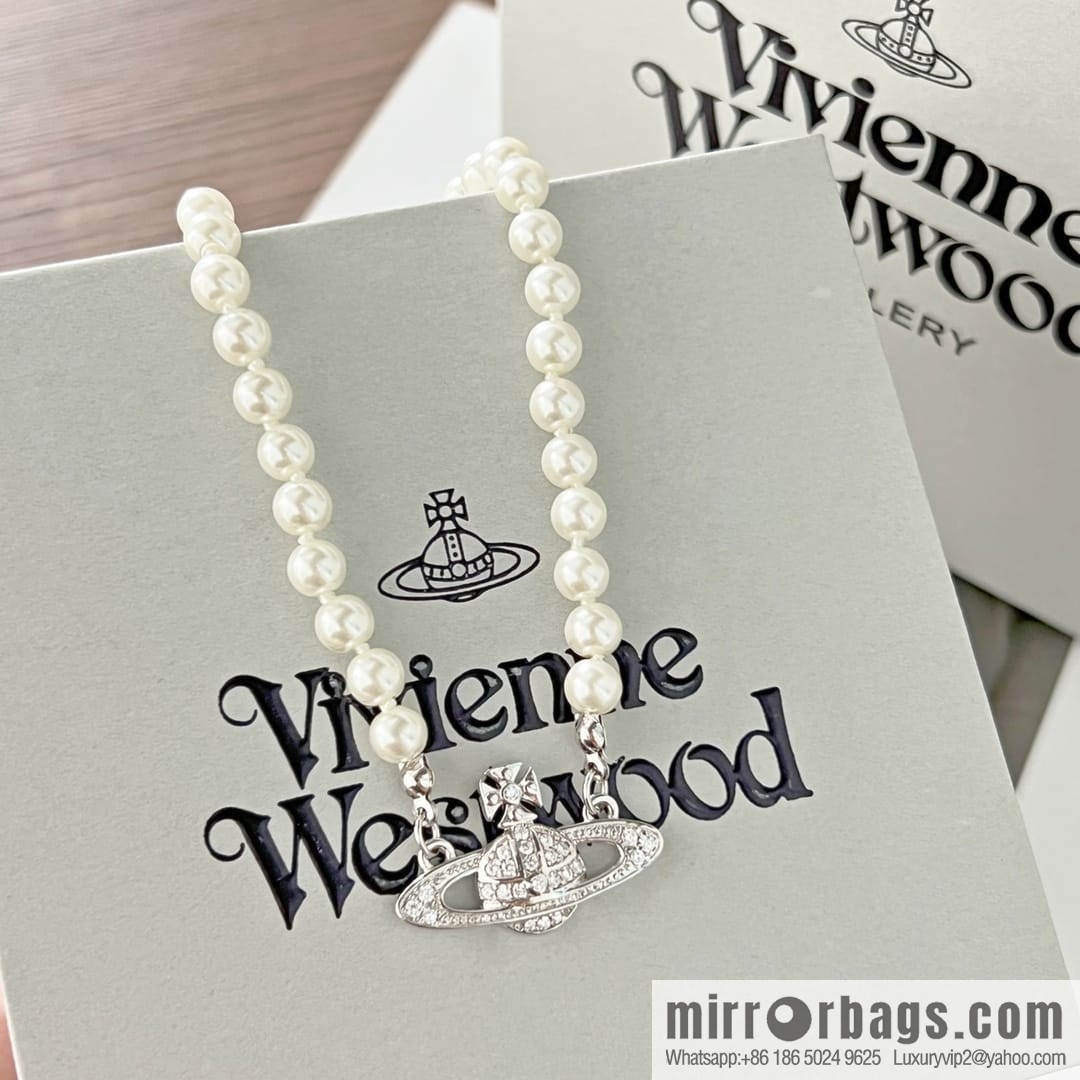 New ☑️ Vivienne Westwood Queen Mother Full Diamond Saturn Pearl Necklace