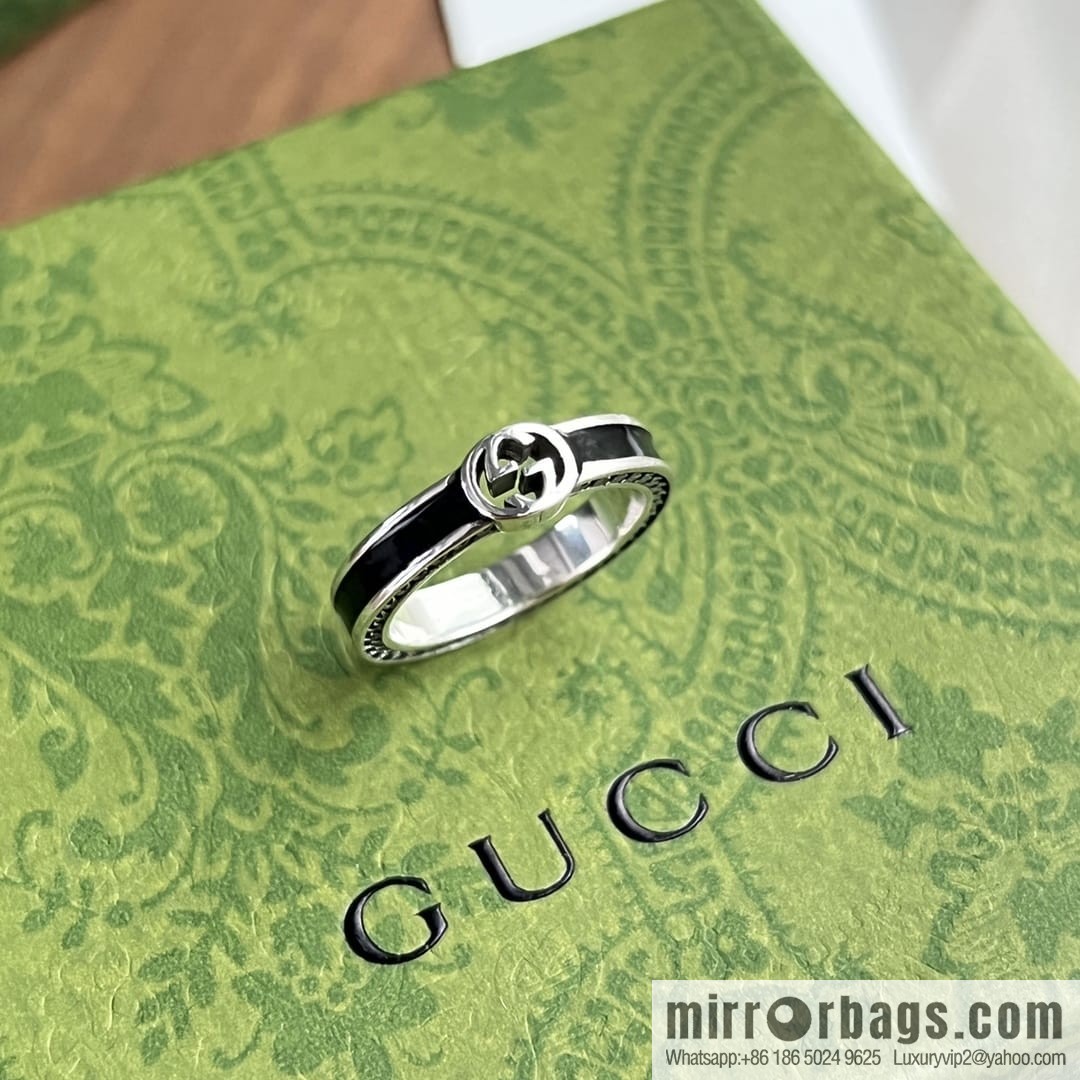New Gucci Gucci His & Hers wide version narrow version double G black enamel ring