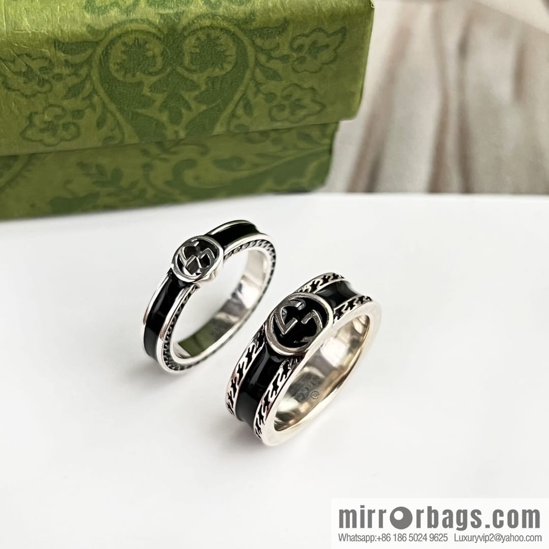 New Gucci Gucci His & Hers wide version narrow version double G black enamel ring