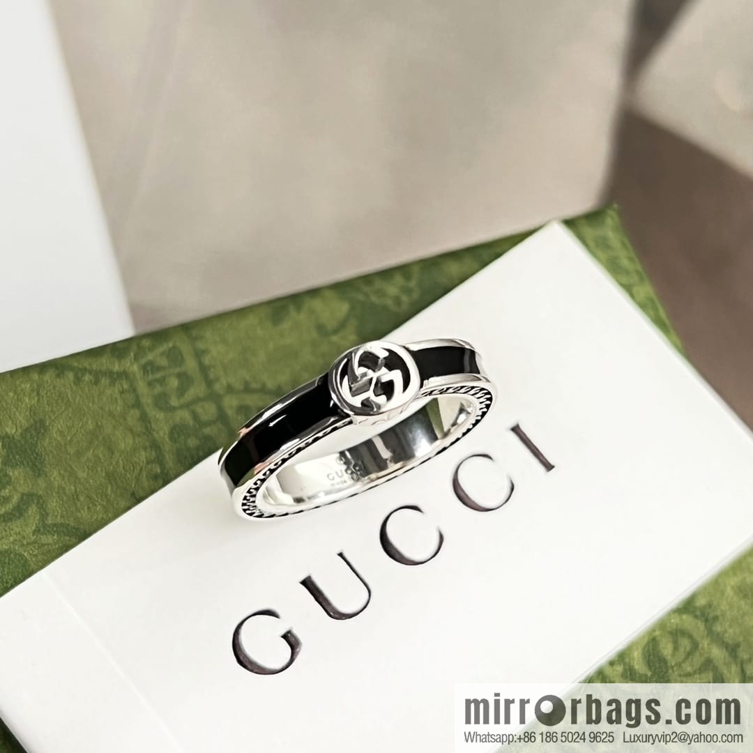 New Gucci Gucci His & Hers wide version narrow version double G black enamel ring