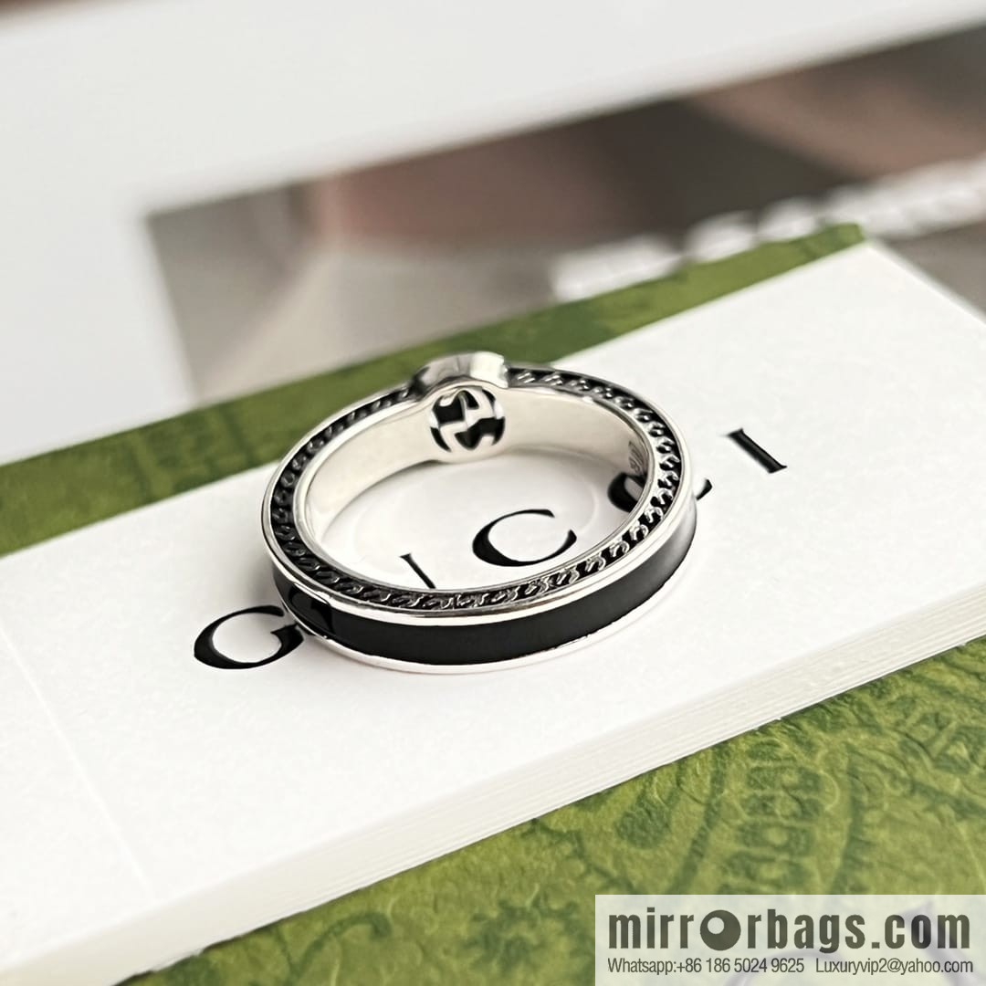 New Gucci Gucci His & Hers wide version narrow version double G black enamel ring
