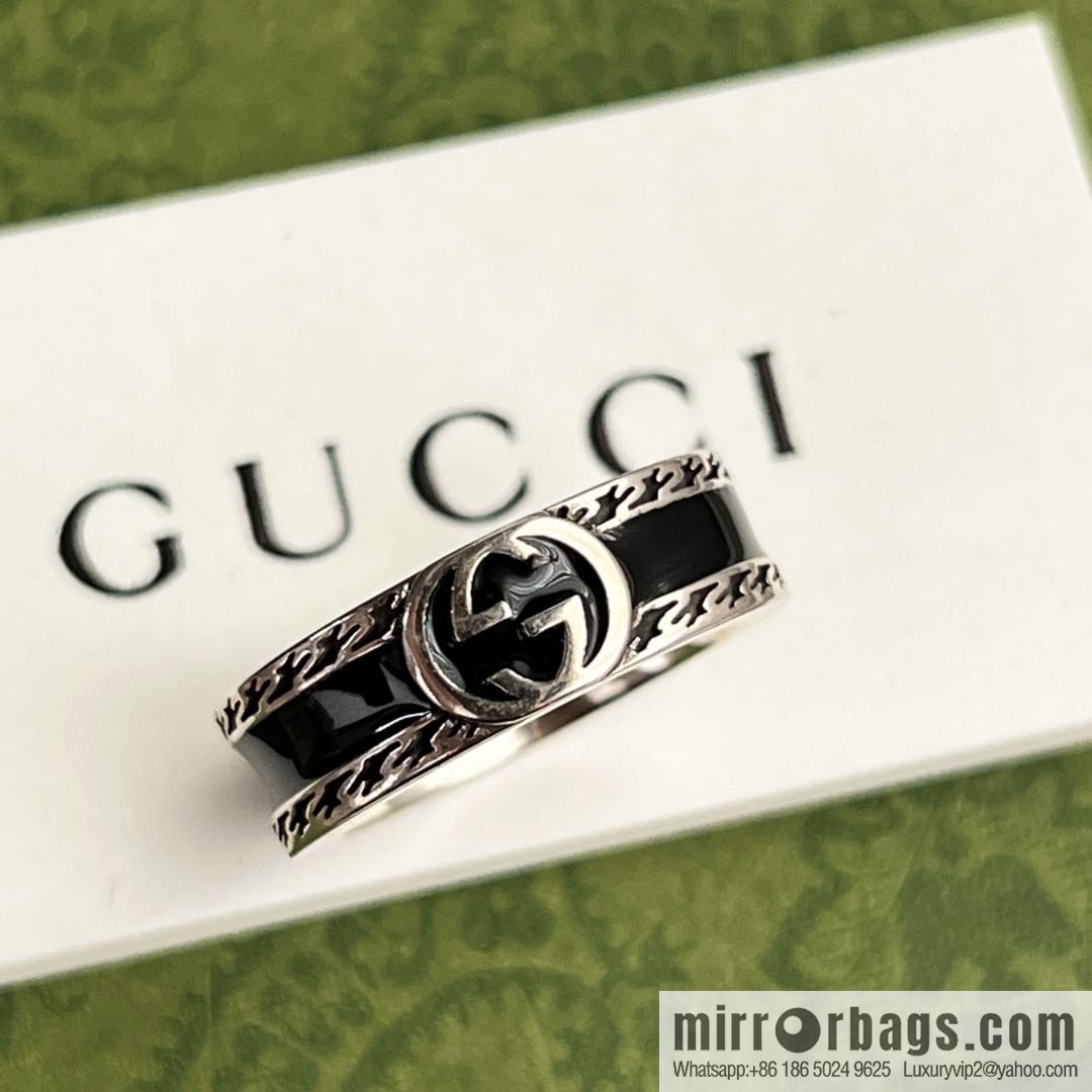 New Gucci Gucci His & Hers wide version narrow version double G black enamel ring