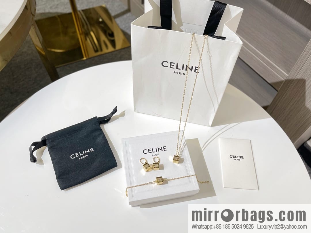 Celine gold crystal cube necklace bracelet stud earrings