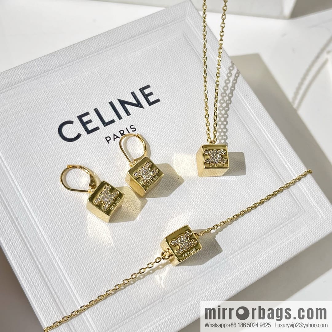 Celine gold crystal cube necklace bracelet stud earrings