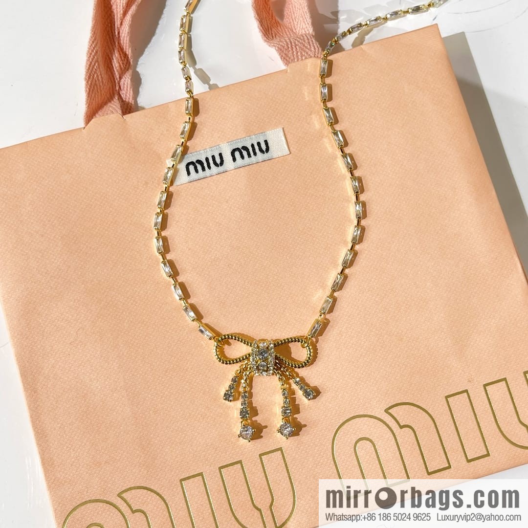 Miu Miu Miu full diamond bow fringed necklace