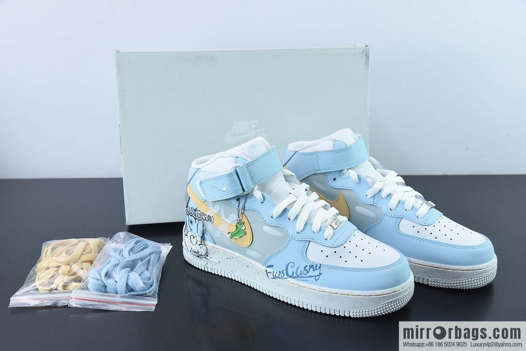 KAWS x NK Air Force 1 Mid white, blue and yellow graffiti doll joint name, Air Force One Zhongbang, item number: CW2289-111