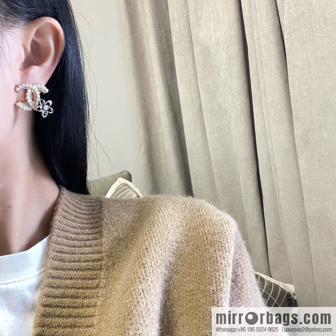 New ☑️ CHANEL Chanel c1 double c pearl black camellia stud earrings