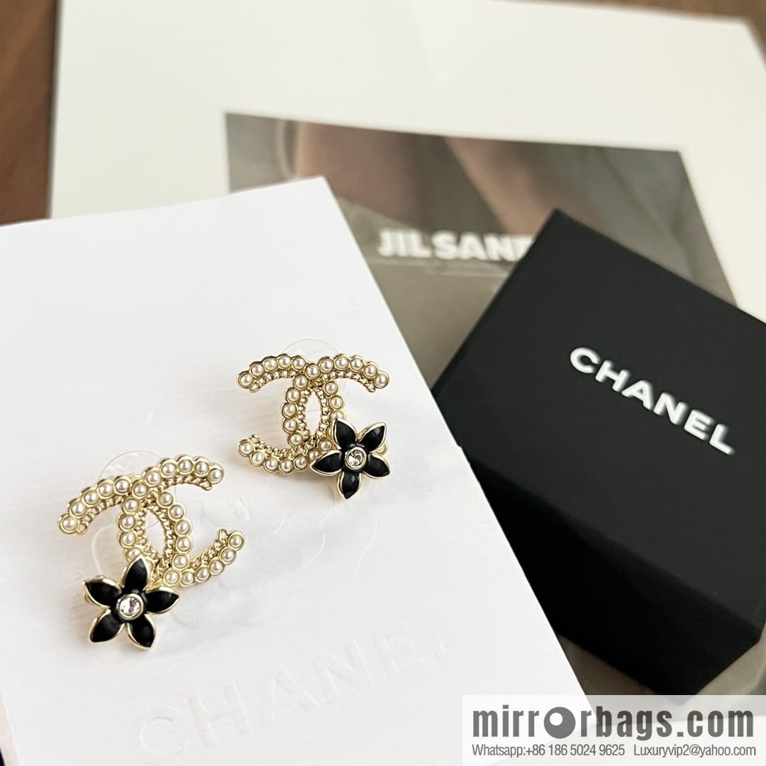New ☑️ CHANEL Chanel c1 double c pearl black camellia stud earrings