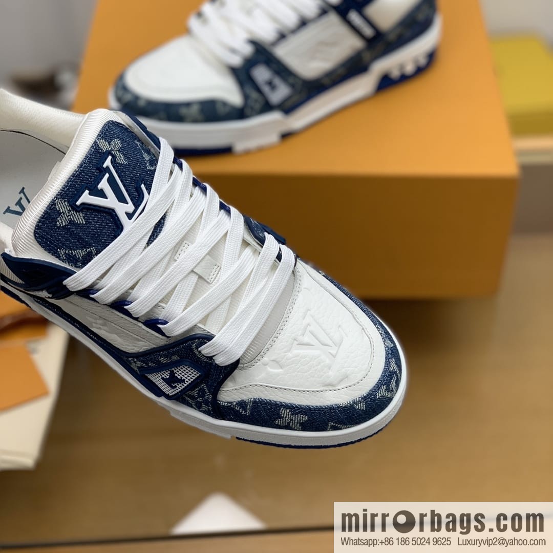 LV/Louis Vuitton His & Hers running shoes made of blue denim patchwork and white leather