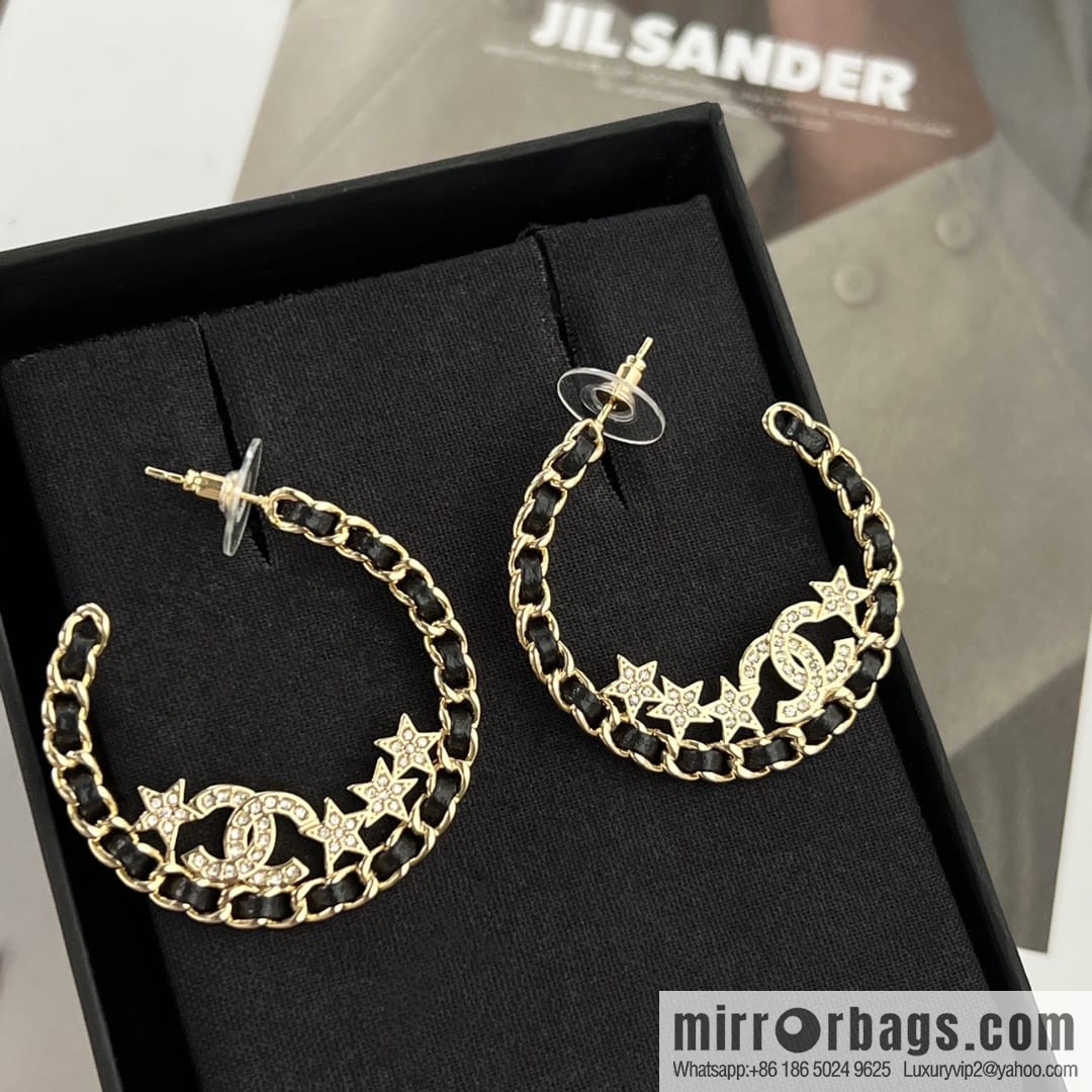 New ☑️ CHANEL Chanel semi-round double c black leather rope star stud earrings