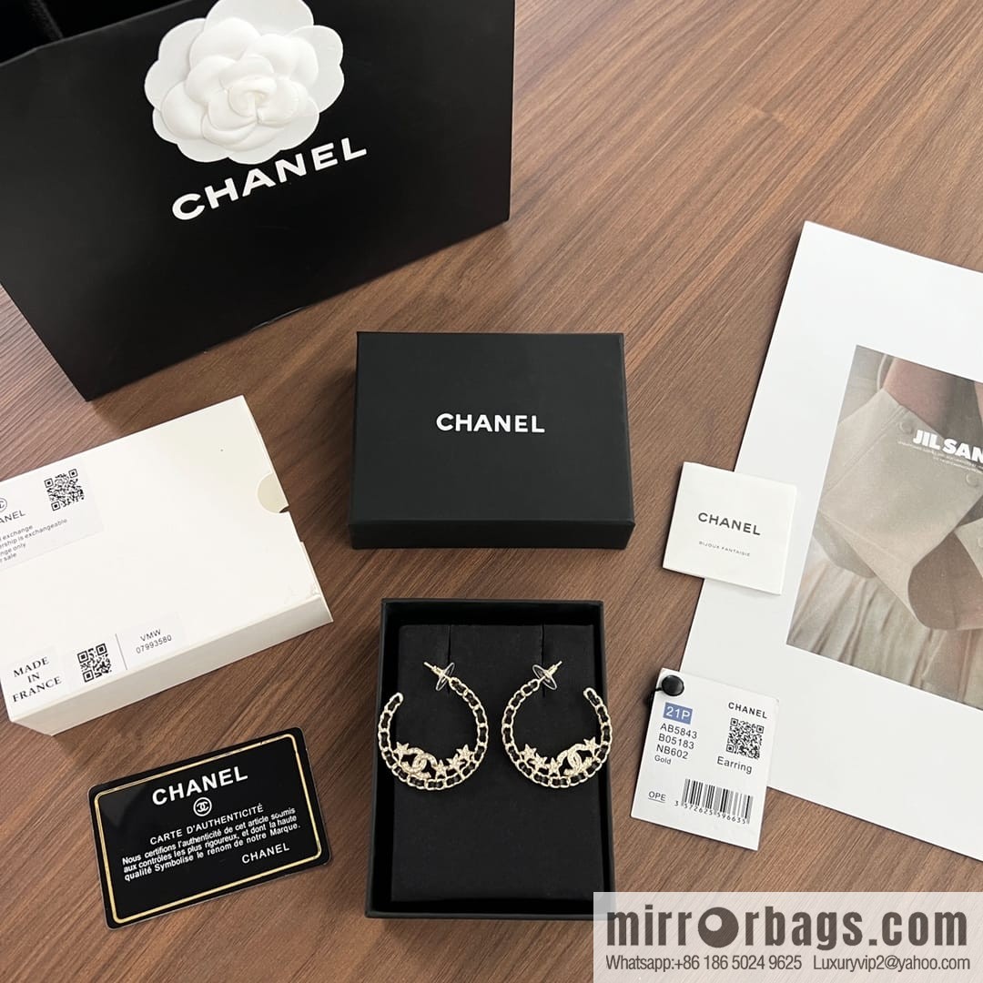 New ☑️ CHANEL Chanel semi-round double c black leather rope star stud earrings