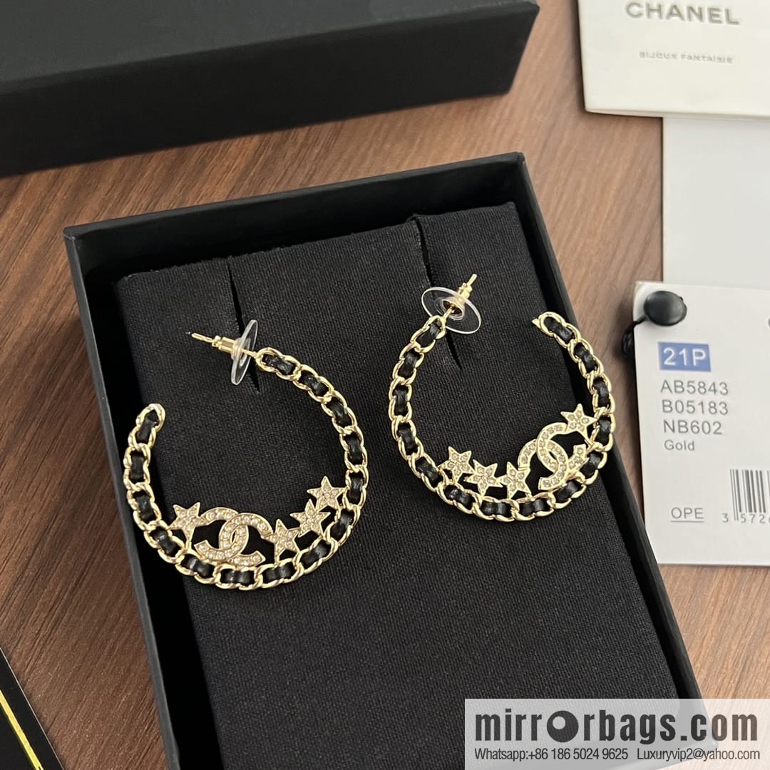 New ☑️ CHANEL Chanel semi-round double c black leather rope star stud earrings